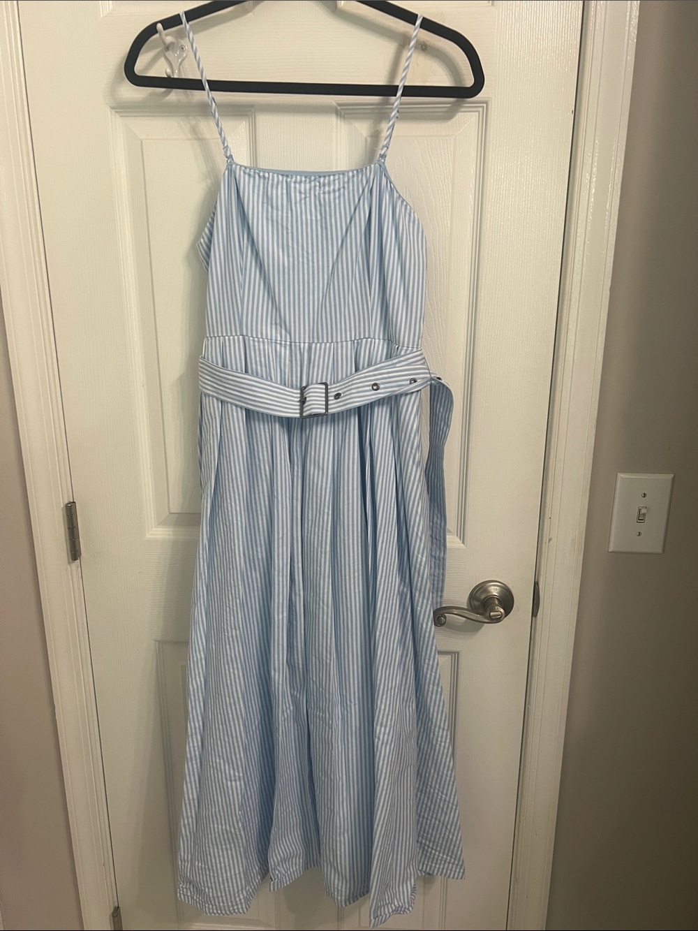a new day Light Blue Striped Belted Spaghetti-Strap Dress, Size 8